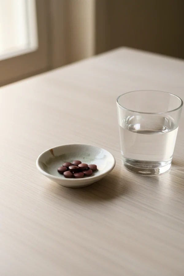 iron supplement tablets in a dish beside a glass of water