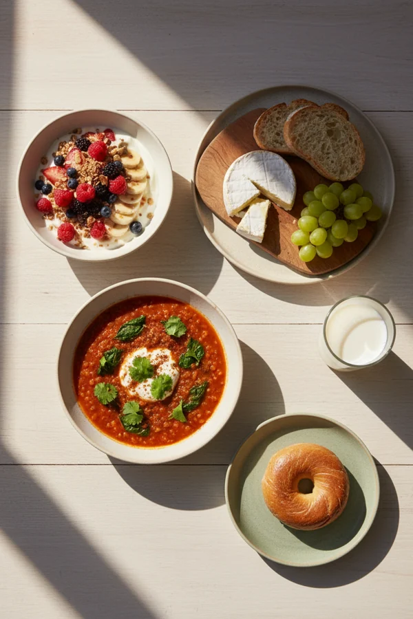 several small meals laid across a table, representing a whole diet over days