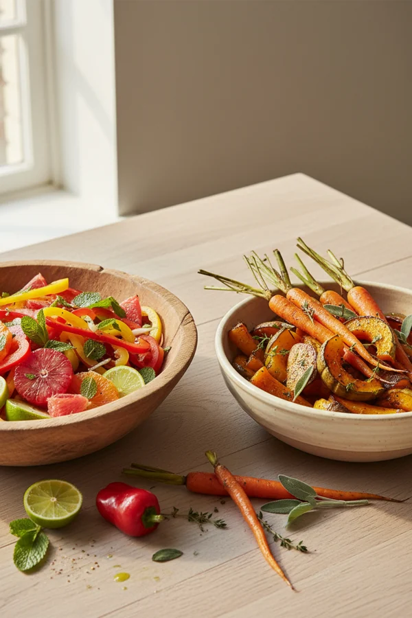 a raw pepper salad beside roasted carrots and squash — both preparations in one week