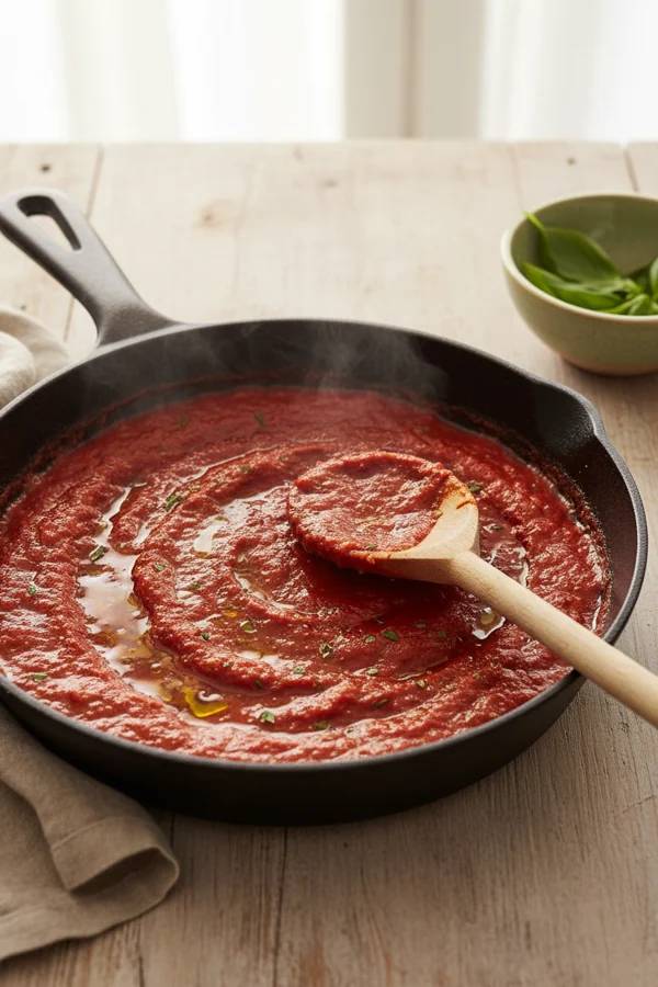 tomato sauce simmering in olive oil — heat releases lycopene, fat carries it