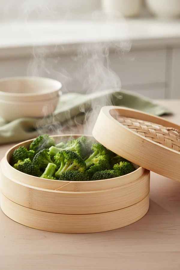 broccoli in a bamboo steamer — steaming retained far more vitamin C than boiling