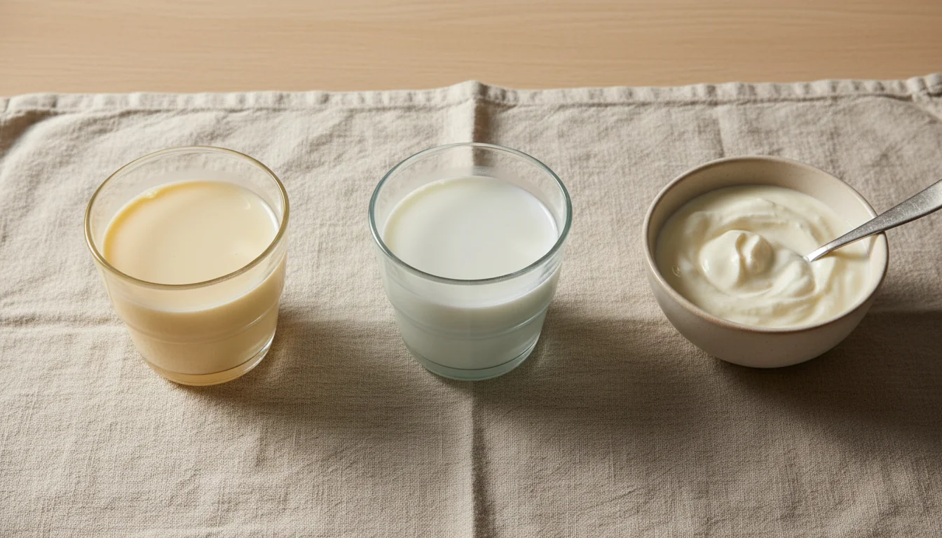 Whole milk, skim milk and plain yogurt side by side, the three dairy types measured in the review of 78,529 people