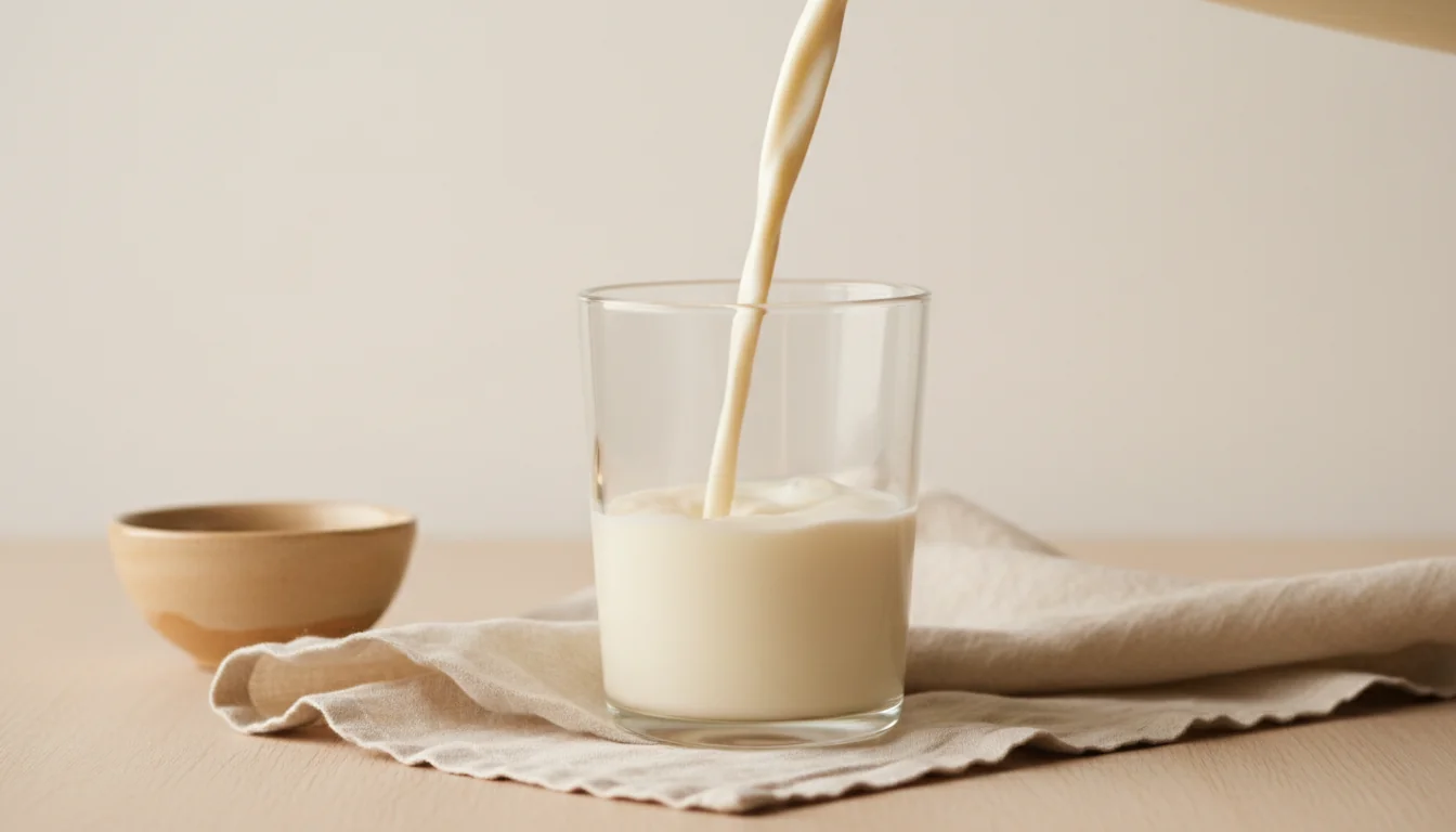 Whole milk being poured, showing the fat content that slows absorption compared with skim milk