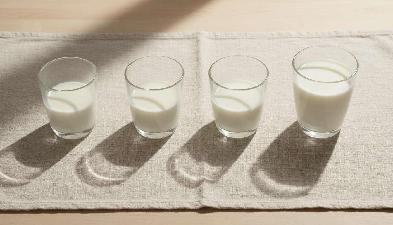 Four glasses of milk filled to increasing levels, illustrating the dose response where the association strengthens at about one glass a day
