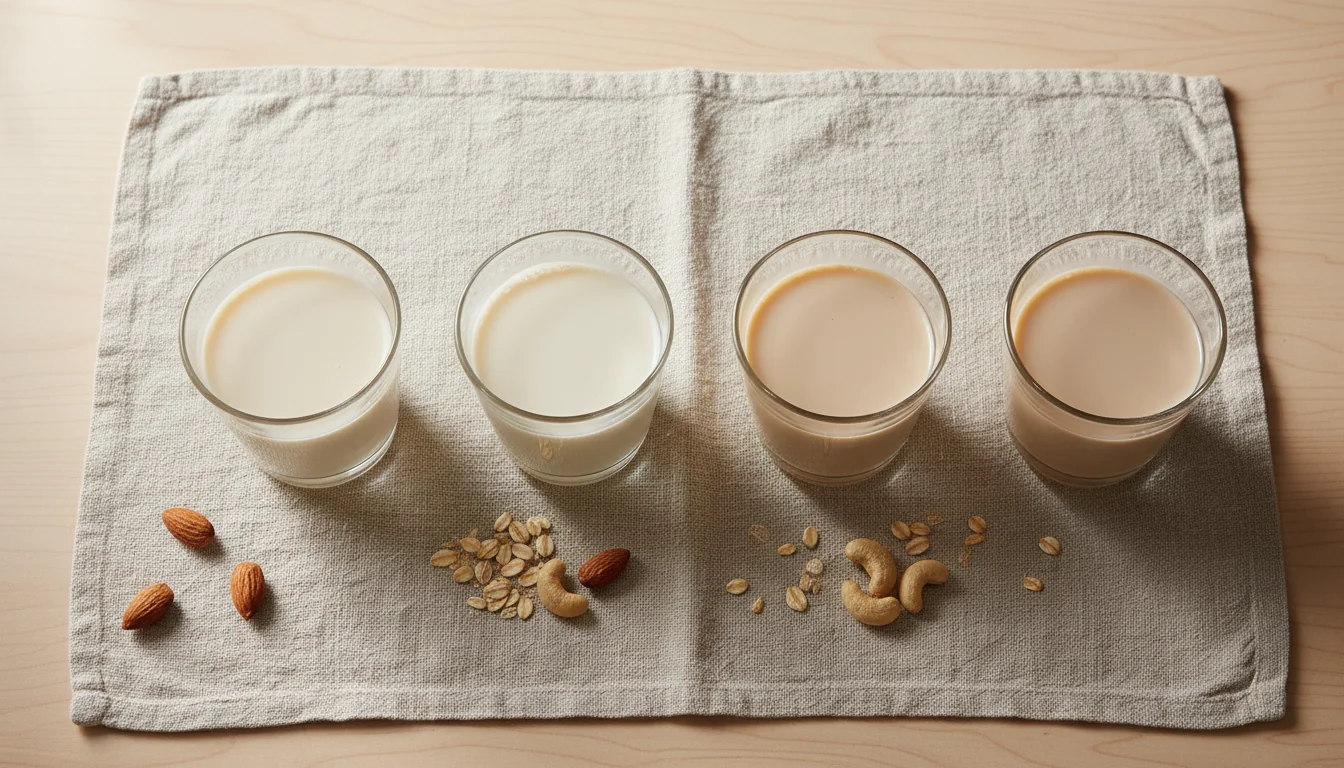Four unsweetened plant milks side by side with almonds and oats, the alternatives to cow's milk for a testing period