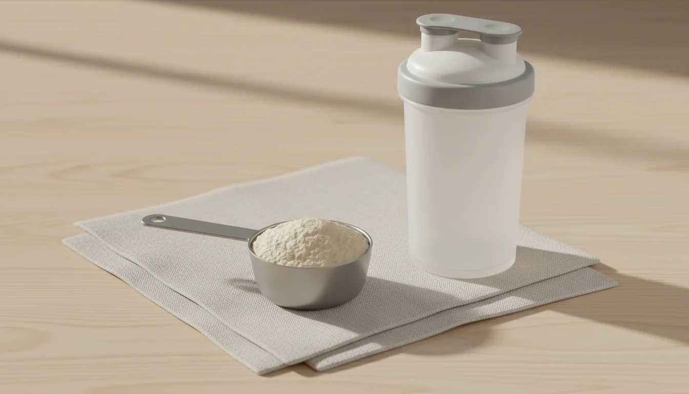 A scoop of whey protein powder beside a shaker bottle, the concentrated dairy protein most linked to insulin response