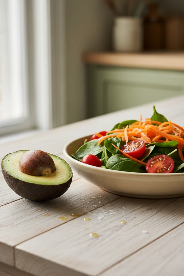 halved avocado beside carrot, spinach and tomatoes — fat carries the carotenoids