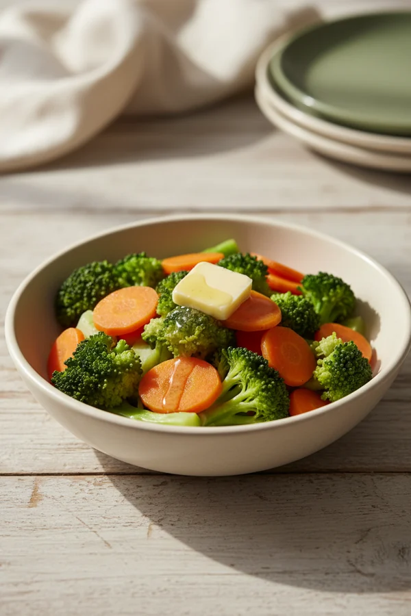 steamed broccoli and carrots with butter melting on top