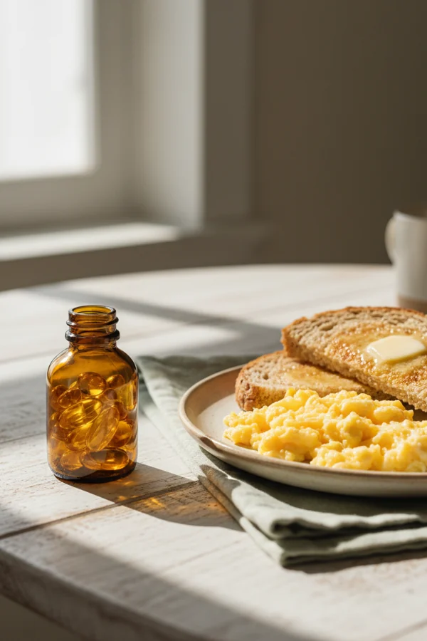 vitamin D capsules beside eggs and buttered toast — take it with a fat-containing meal