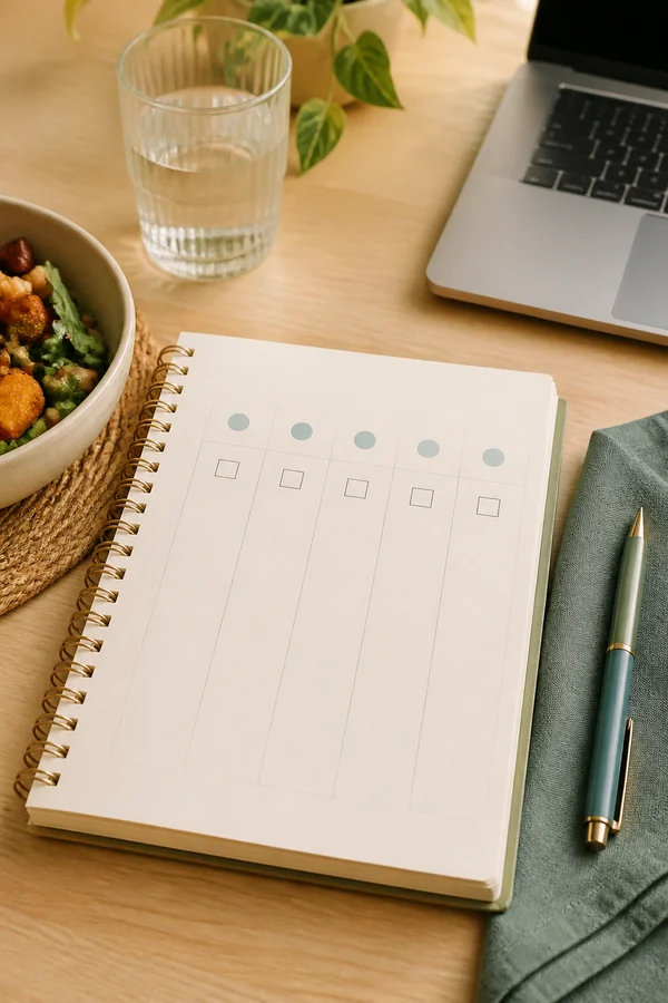 blank five day afternoon energy tracker notebook on a desk after lunch