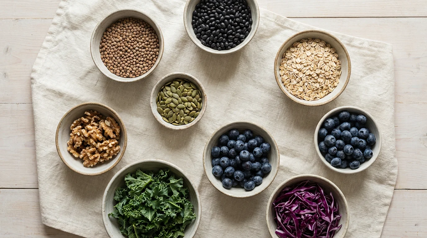 A wide variety of beans, grains, nuts, seeds and vegetables in small dishes, showing the plant diversity that feeds butyrate-producing gut bacteria