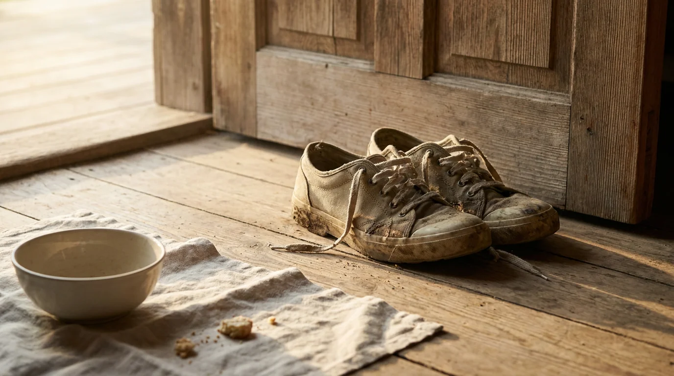A pair of worn walking shoes by a door in morning light, representing daily movement as one of the four factors that matter more than a supplement