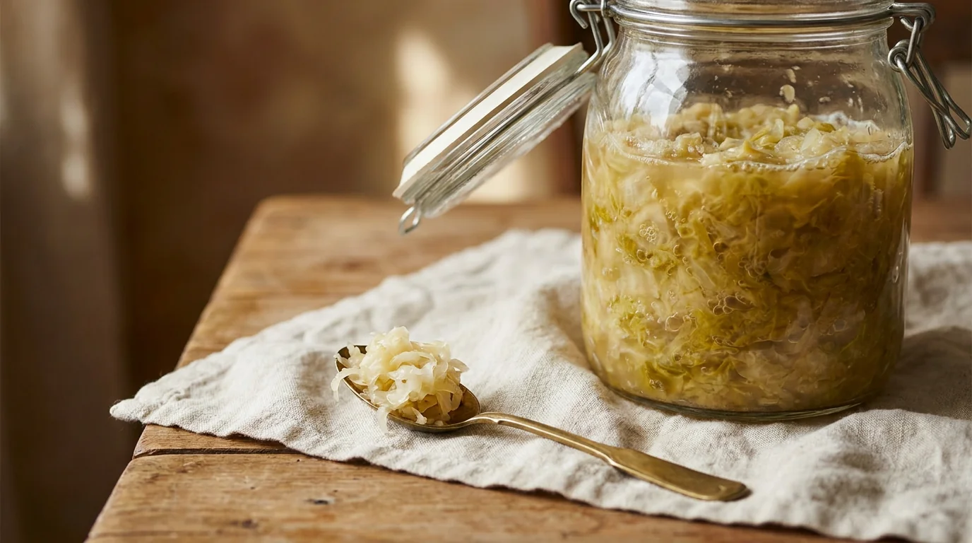 One teaspoon of sauerkraut beside a large fermentation jar, showing the small starting dose recommended for fermented foods