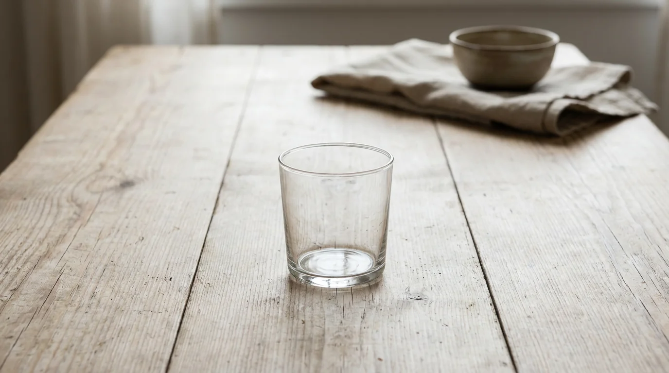 A single empty glass alone on a bare table, representing colon cleanses and seven-day resets as things to skip