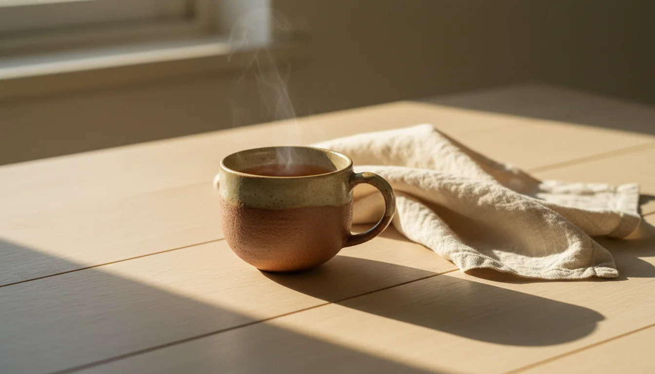 A mug of herbal tea in slow morning light, representing the eight to twelve week timeline for gut and skin changes