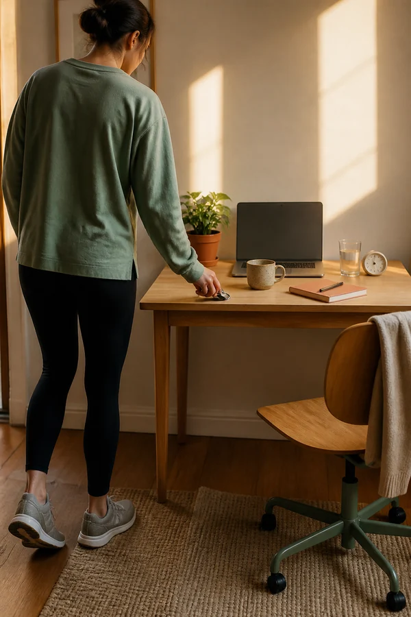 person returning to a desk after a short walk break