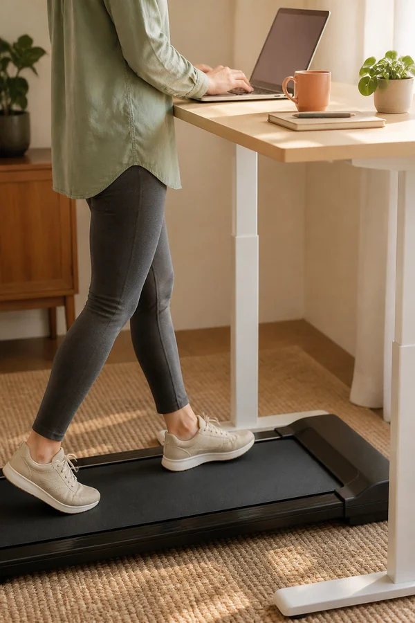 person walking slowly on an under desk treadmill while typing