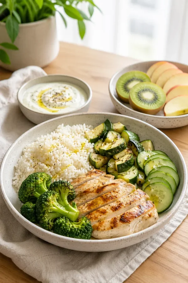 Savory meal-prep bowl with rice, protein, cooked vegetables, and sauce