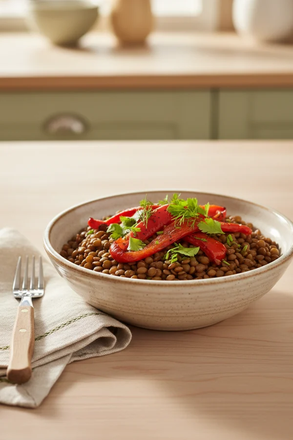 a bowl of lentils topped with roasted red bell pepper strips, iron paired with vitamin C