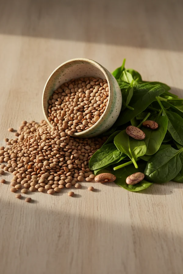 dry brown lentils and fresh spinach leaves, plant sources of non-heme iron