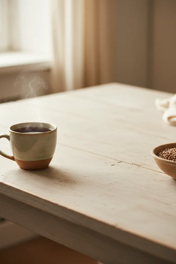 a cup of black tea set apart from a bowl of lentils, illustrating the one-hour rule