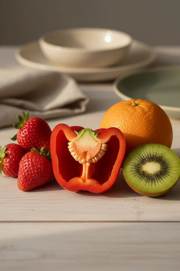 red bell pepper, orange, strawberries and kiwifruit — about 50 mg of vitamin C each