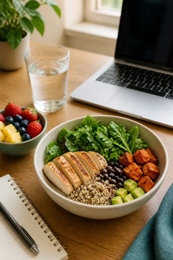 balanced mixed lunch on an office desk beside a laptop and notebook