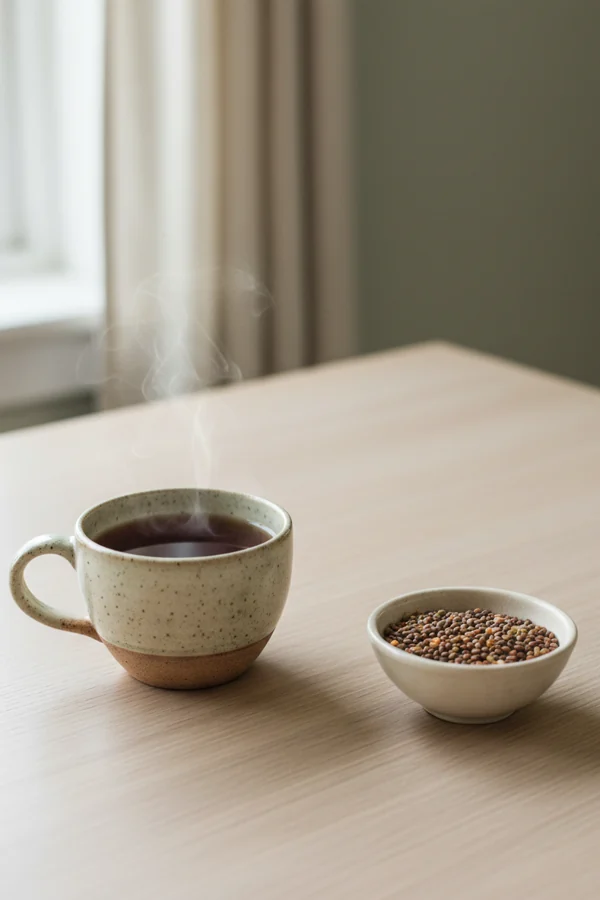 a cup of tea placed apart from a bowl of lentils — tannins bind iron