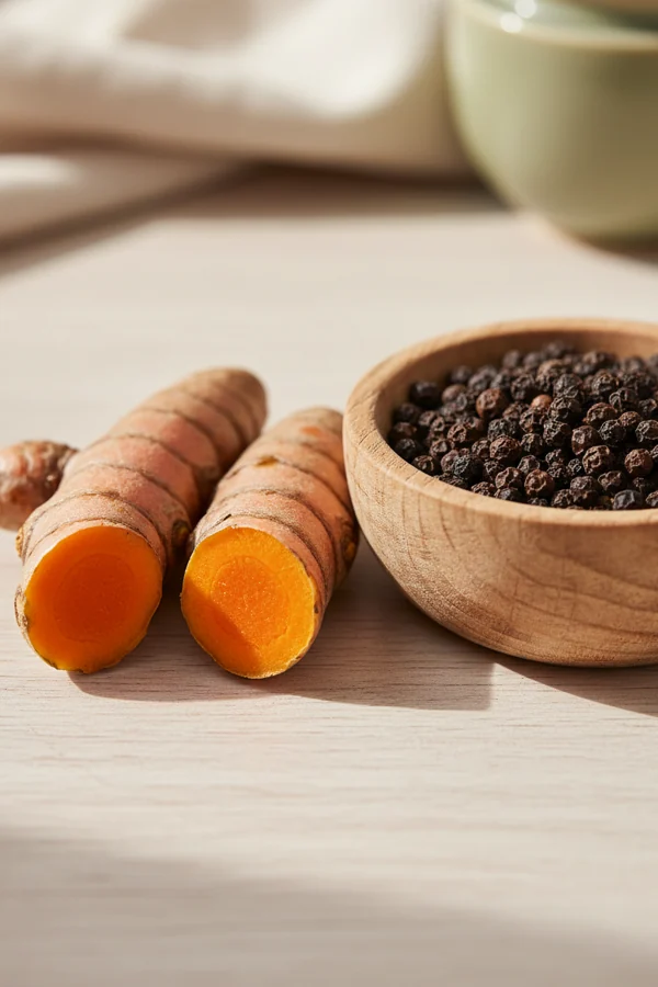fresh turmeric root beside black peppercorns — piperine slows curcumin breakdown