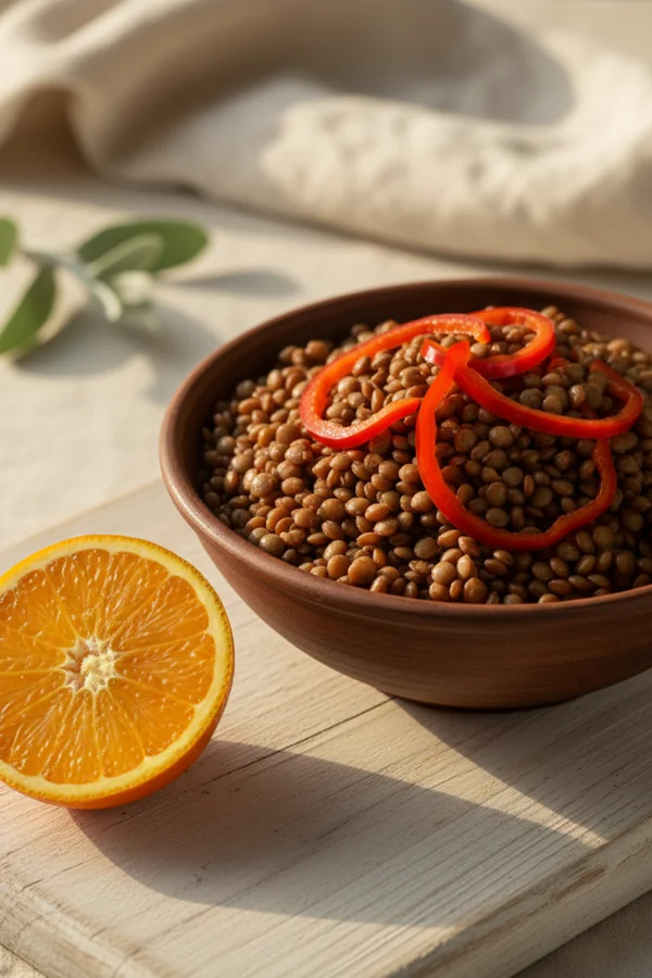 lentils with red bell pepper and orange — vitamin C changes the form of plant iron
