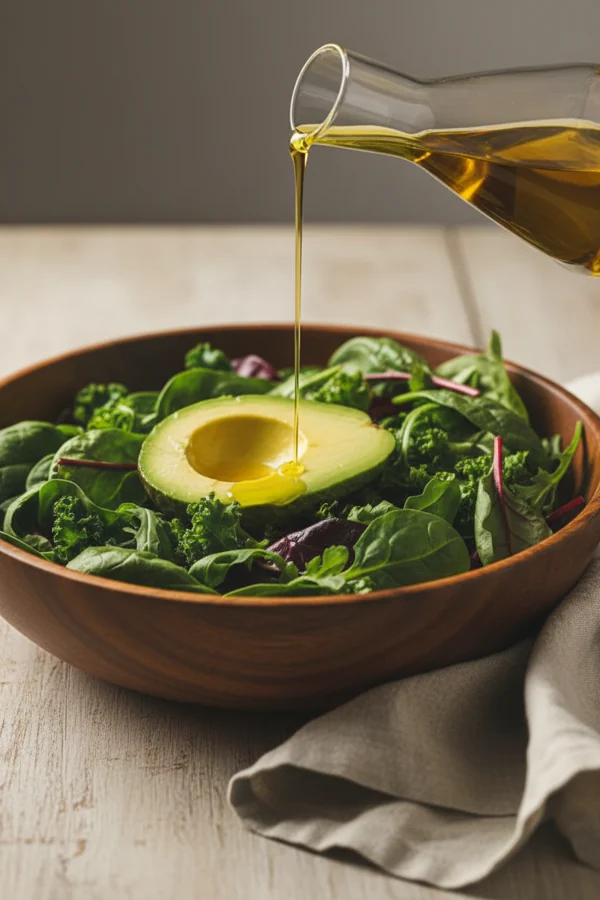 olive oil poured over a green salad with avocado — fat carries fat-soluble compounds