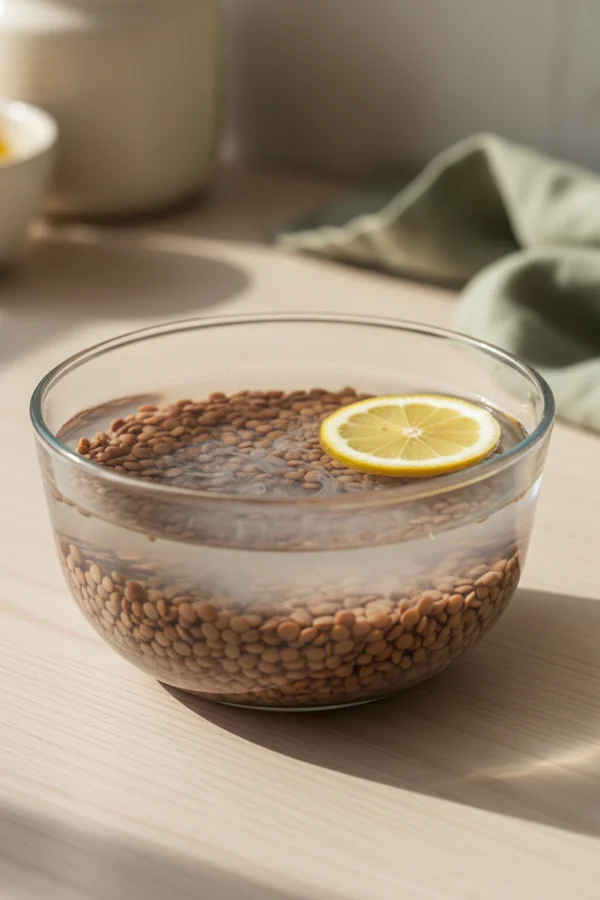 lentils soaking in water with a lemon wedge — warm slightly acidic water works best