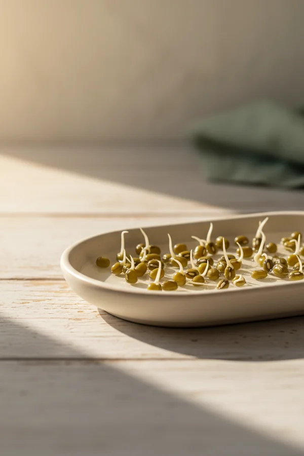 mung beans sprouting in a shallow tray, shoots just emerging
