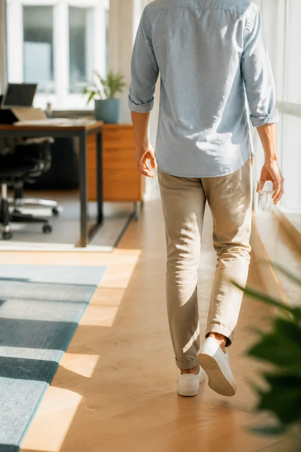 office worker walking slowly near a bright window after lunch