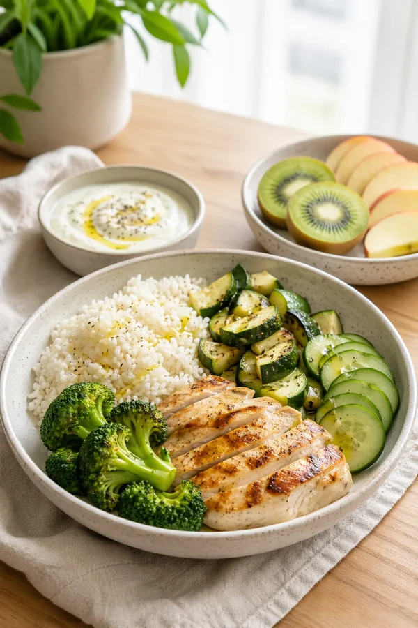Balanced plate with eggs vegetables and resistant starch carb base for protein first meal structure