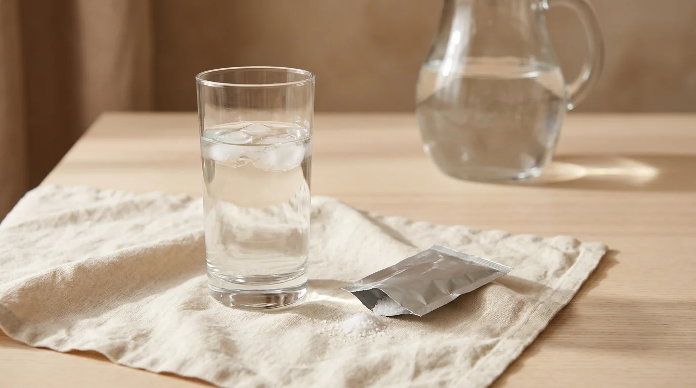 A glass of water beside an opened rehydration sachet and a pinch of salt on cream linen