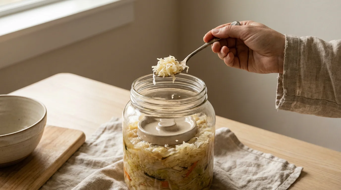 A single small teaspoon of sauerkraut held above a large fermentation jar, showing how little to start with