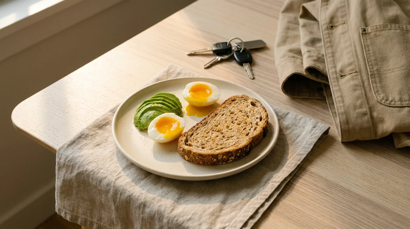 A plate of avocado, egg and wholegrain bread beside keys and a jacket, eating before going out to drink