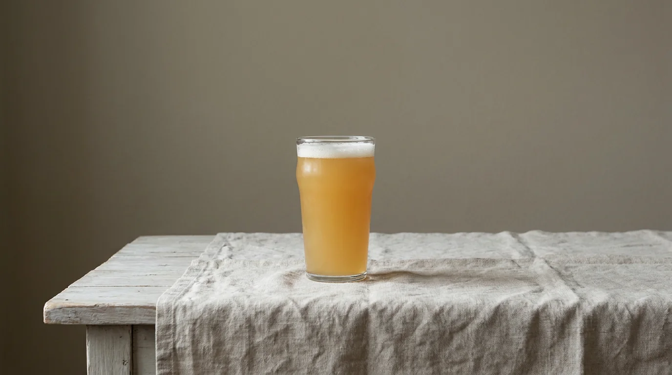 A single glass of pale beer standing alone on a wooden table in flat cool light
