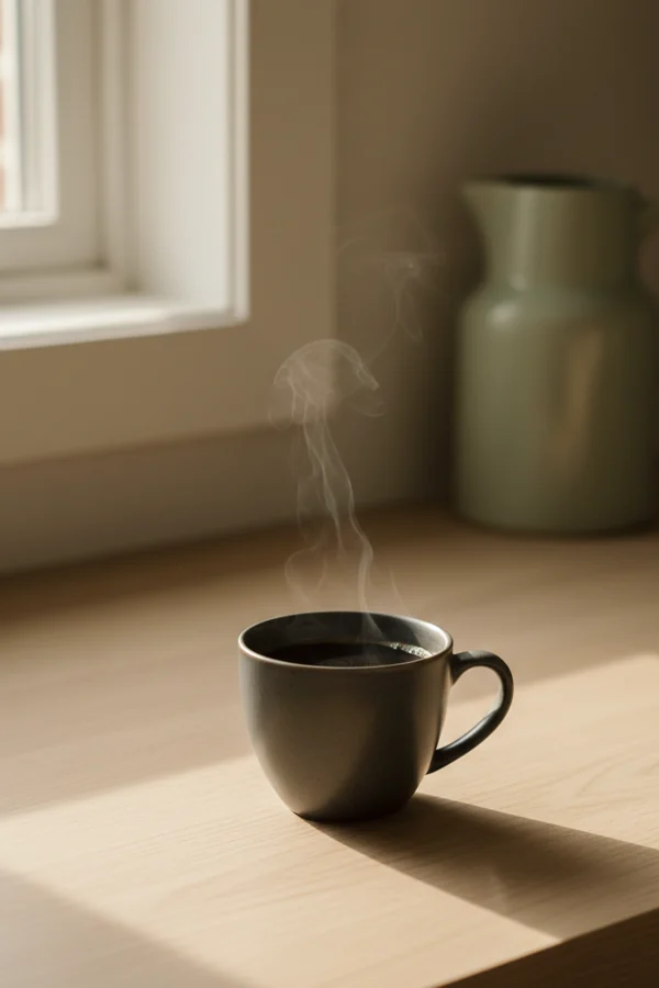 a small cup of black coffee alone in morning light, before any food
