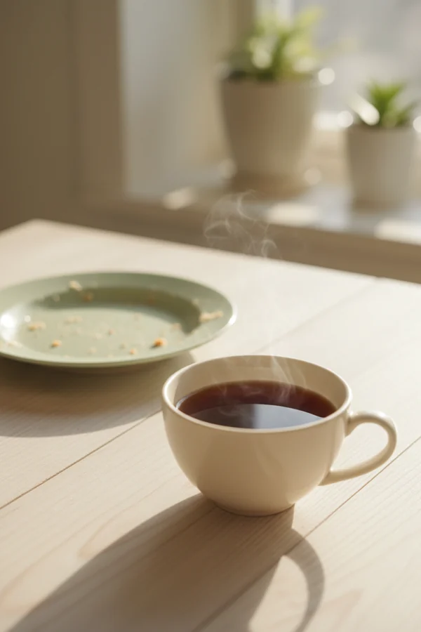 a cup of tea beside a finished plate, illustrating tea an hour after the meal
