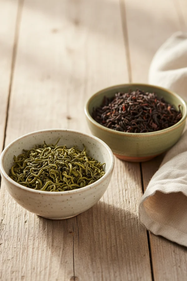 green tea leaves and black tea leaves side by side, different polyphenol loads