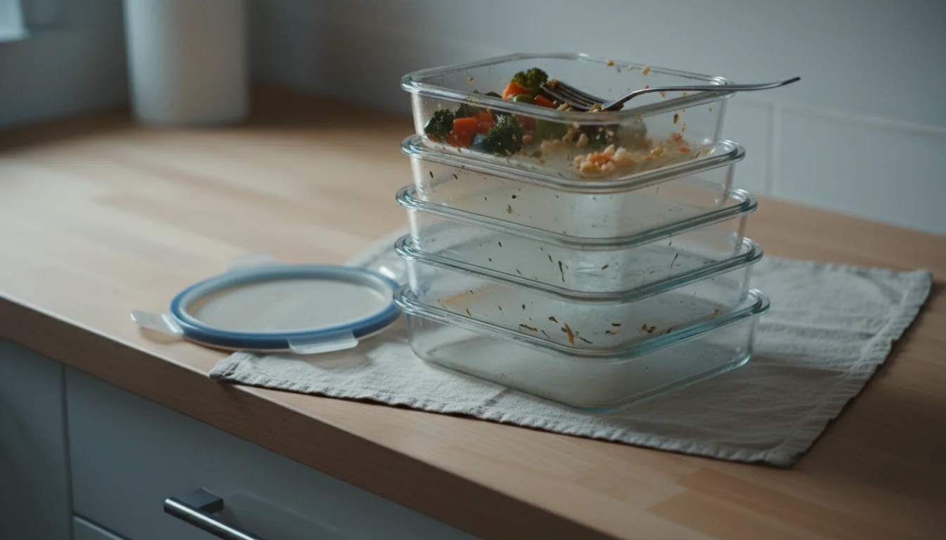 Abandoned meal prep containers pushed aside on a counter, representing the point around week four when most people stop