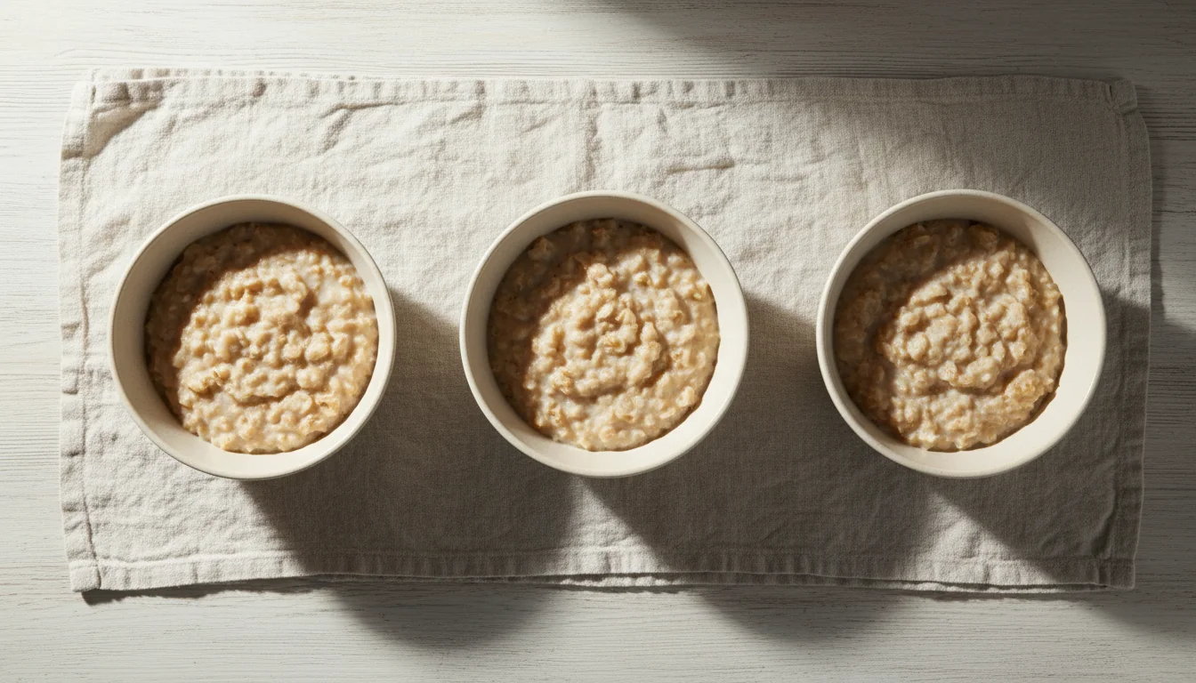 Three identical bowls in a row, representing the two to three skin turnover cycles a dietary change needs
