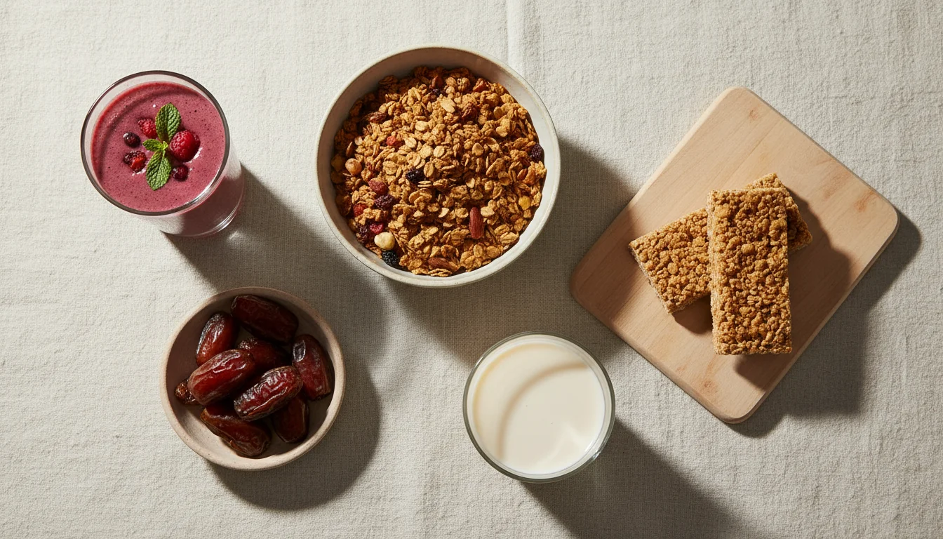 A smoothie, granola, dates, oat milk and protein bars, healthy-labelled foods that carry a high glycemic load