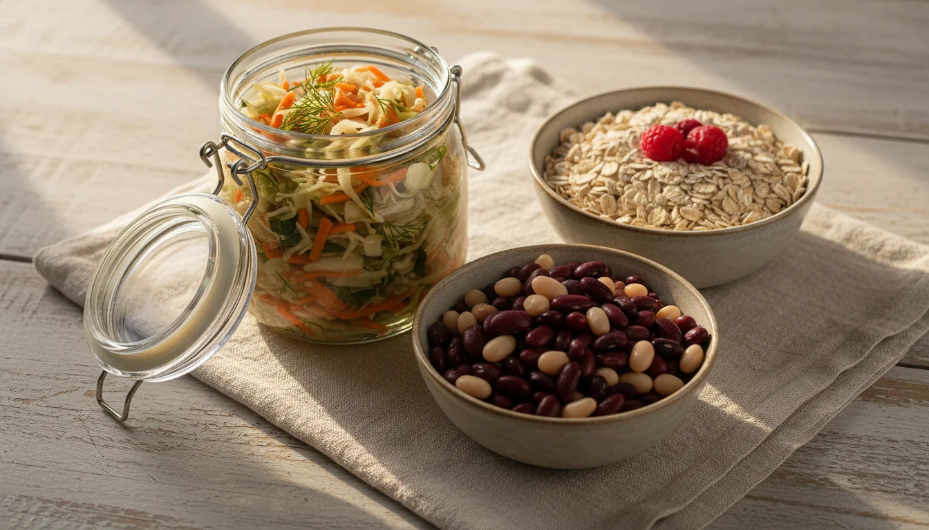 Fermented vegetables, beans and oats grouped together, the gut-first changes that happen in the first two weeks