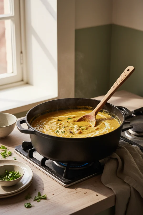 a pot of curry simmering in oil, pairing fat with turmeric