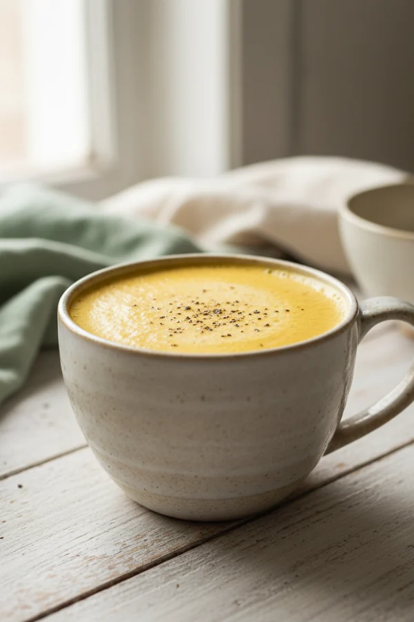 a turmeric latte with black pepper dusted on the foam