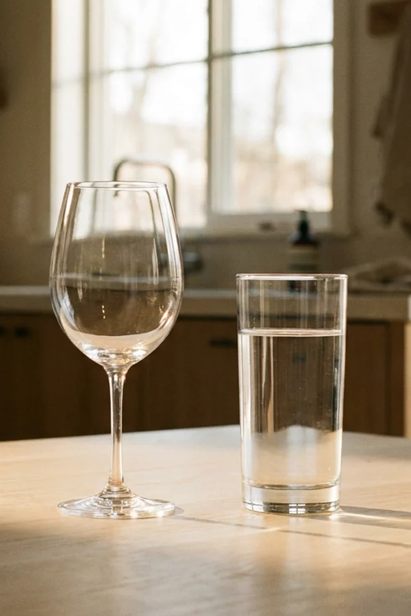 A table scene representing vodka on an empty stomach and gut discomfort
