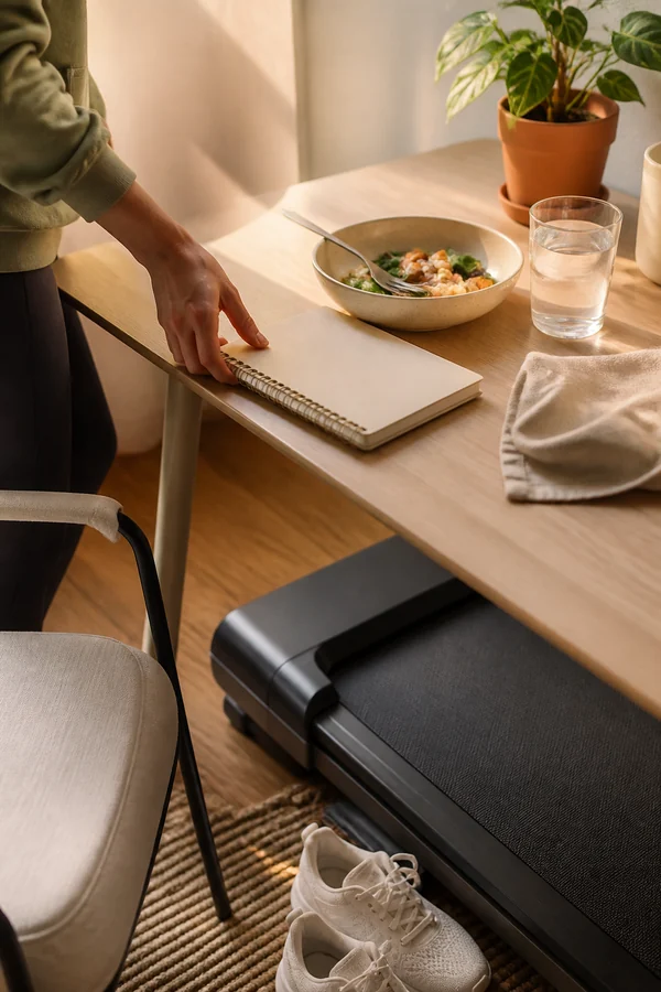 walking pad beside lunch and a notebook in a home office